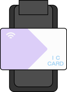 パープルカラーのICカードをカードリーダーにかざすイラスト