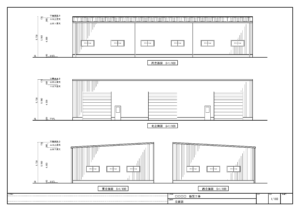 倉庫建築の立面図（正面・側面・背面）のイラスト