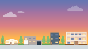 夕暮れの街並みの背景イラスト